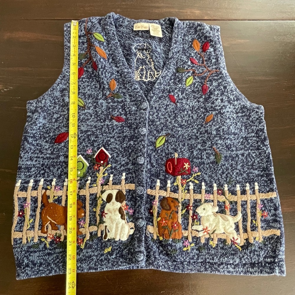 Bobbie Brooks Woman Blue Marled Dog Fence Embroidery Knit‎ Vest 18W 20W - Picture 6 of 6